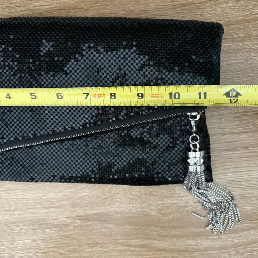 Black mesh chain beaded retro fold over evening clutch tassel party purse bag - Picture 9 of 9